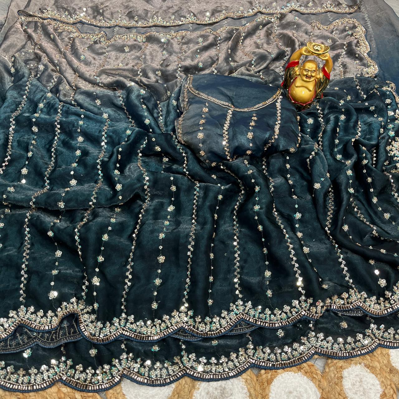 Embroidered pure space silk saree ,Velvet Shine, Sequence & Cutdana Handwork