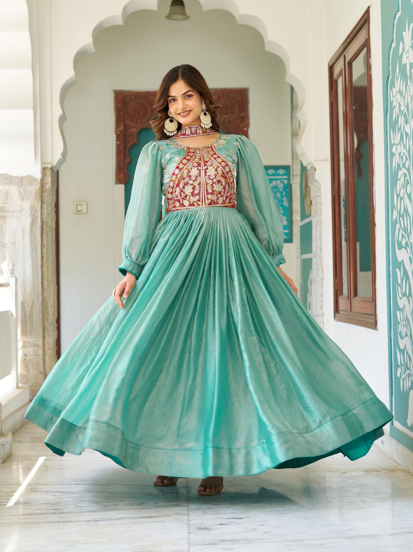 Elegant Long Sequin & Thread Embroidery Work Gown with Dupatta