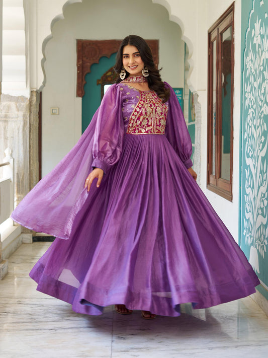 Elegant Long Sequin & Thread Embroidery Work Gown with Dupatta
