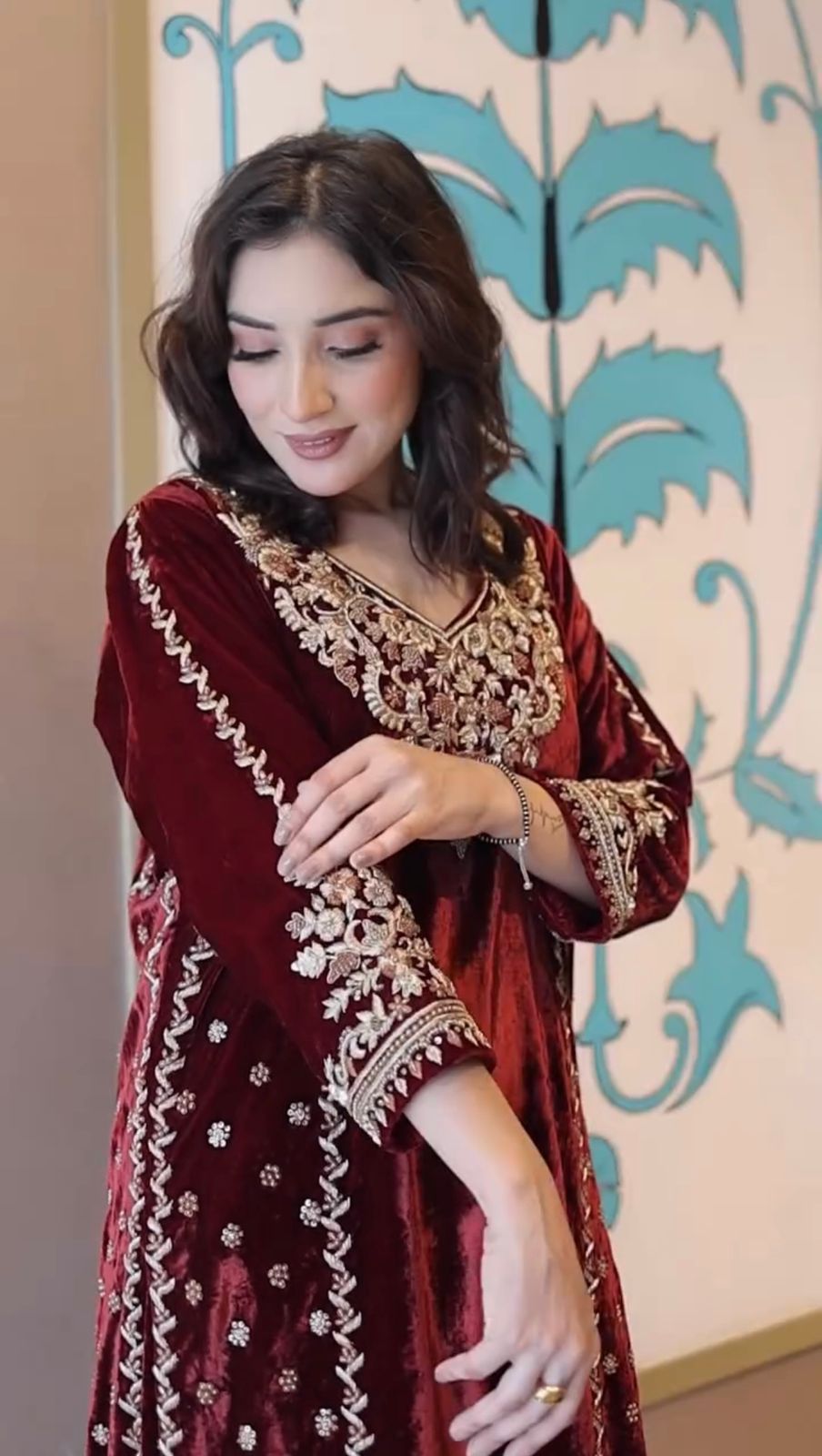 Embroidered Velvet Palazzo Suit