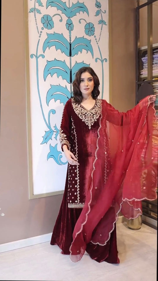 Embroidered Velvet Palazzo Suit