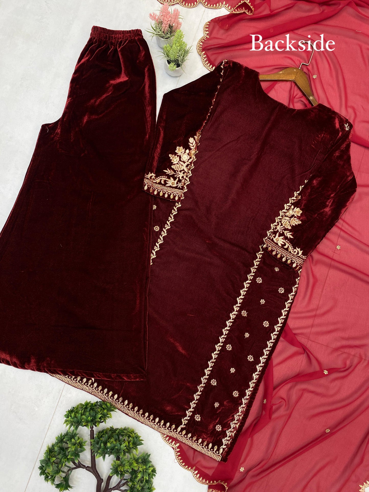 Embroidered Velvet Palazzo Suit