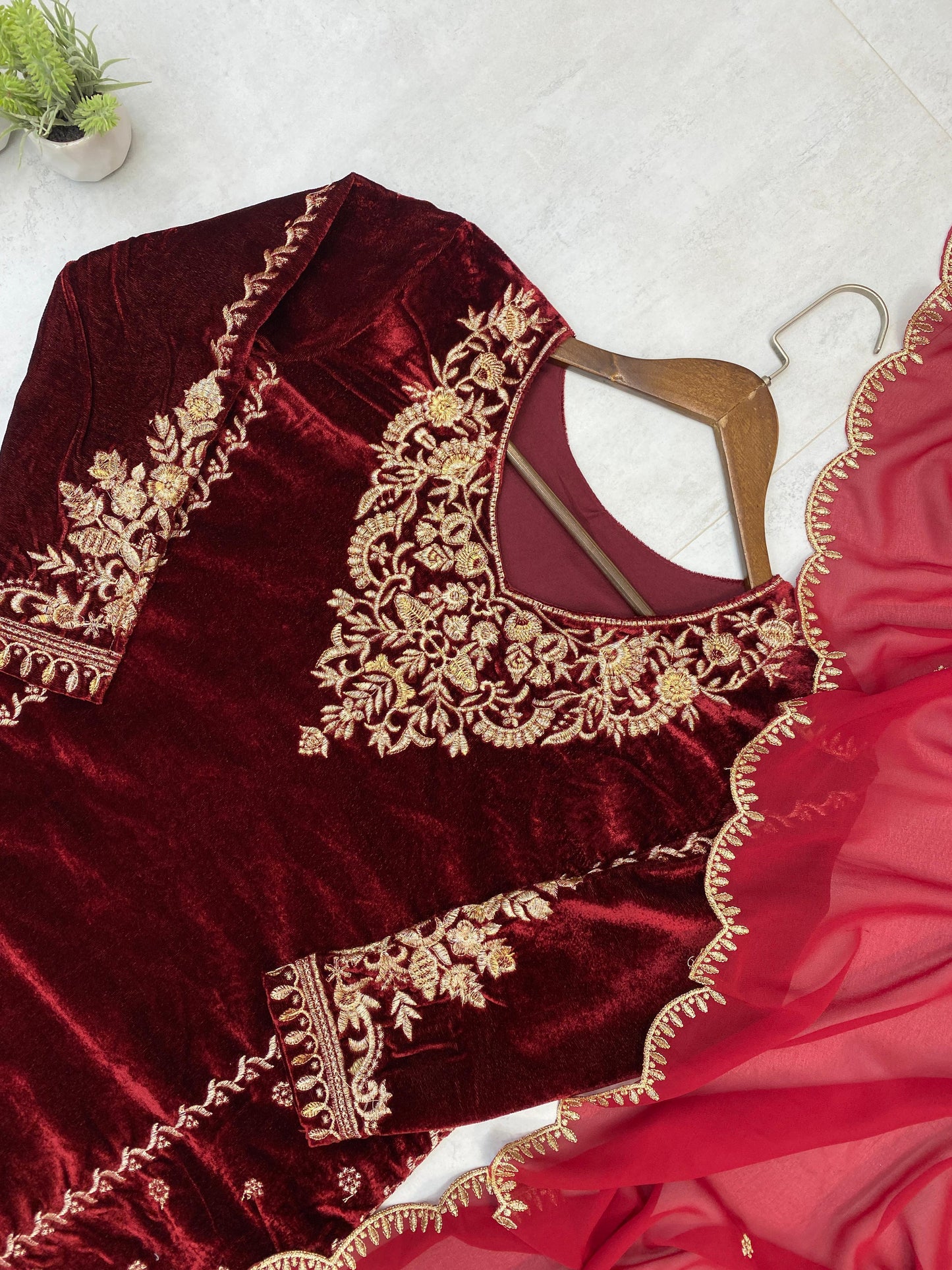 Embroidered Velvet Palazzo Suit