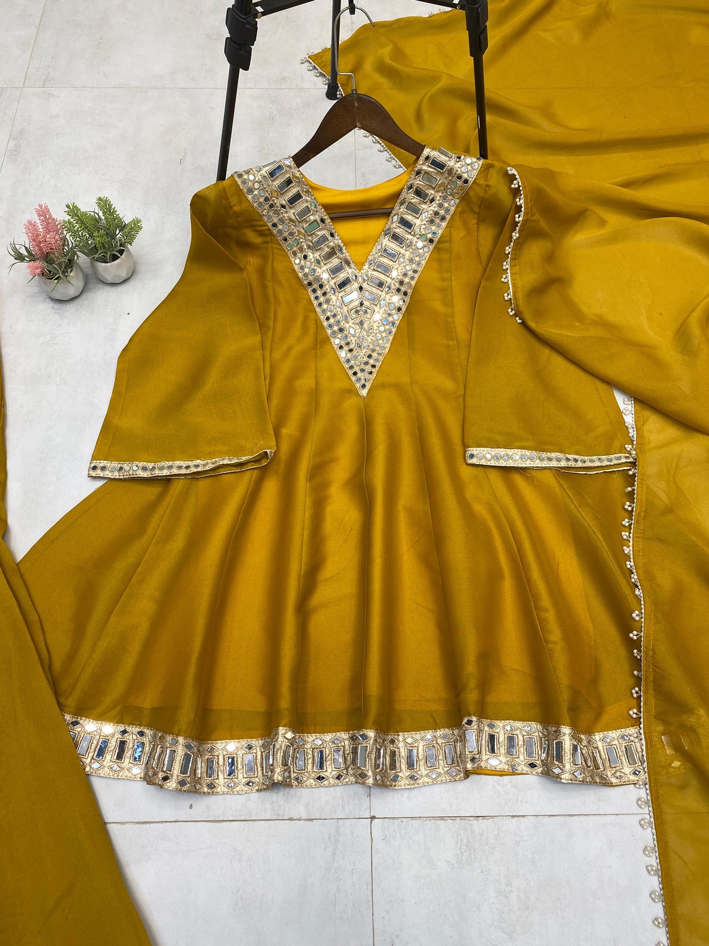 Cosmos Top Palazzo Set With Real Mirror Work And Dupatta