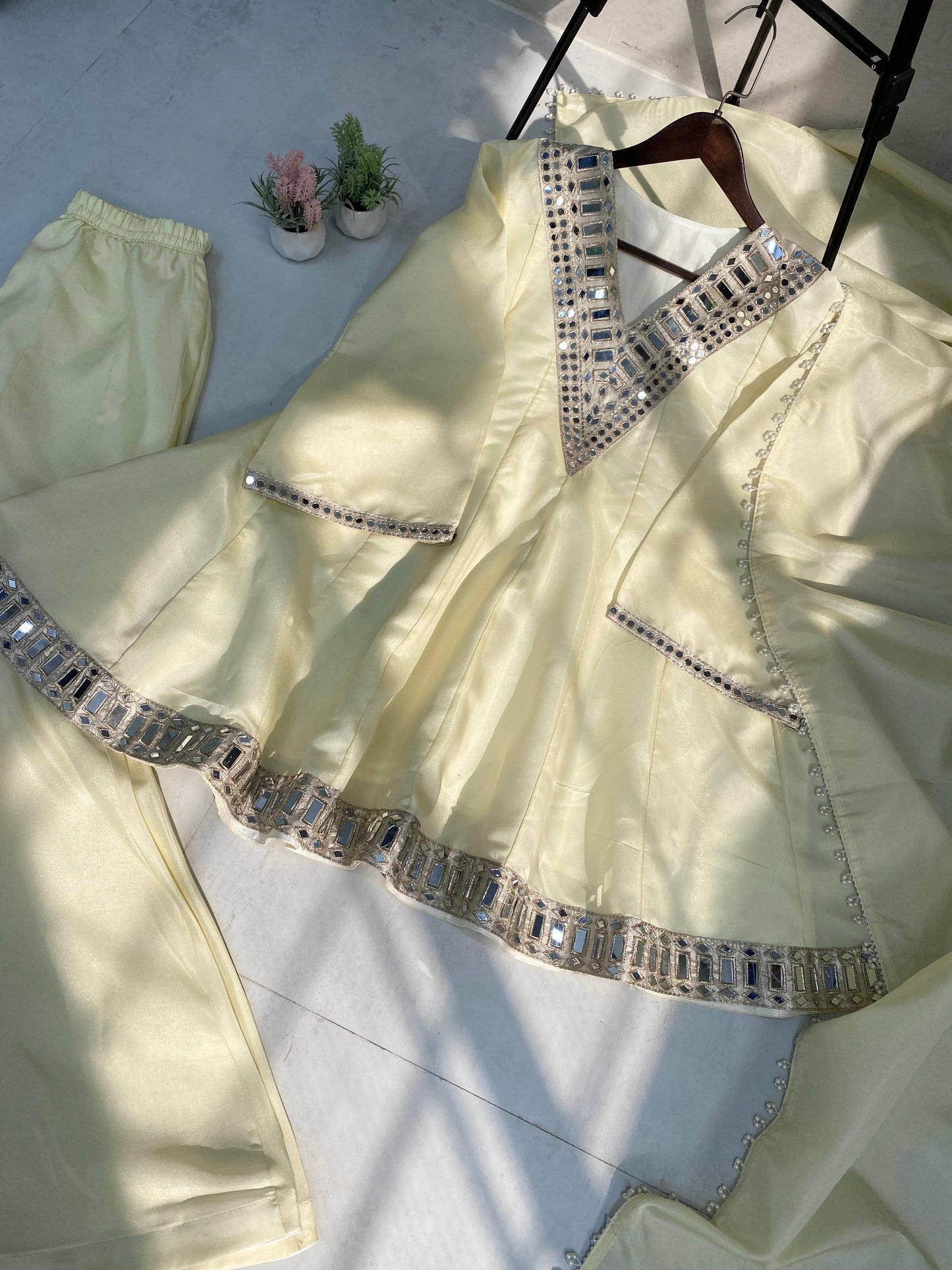 Cosmos Top Palazzo Set With Real Mirror Work And Dupatta