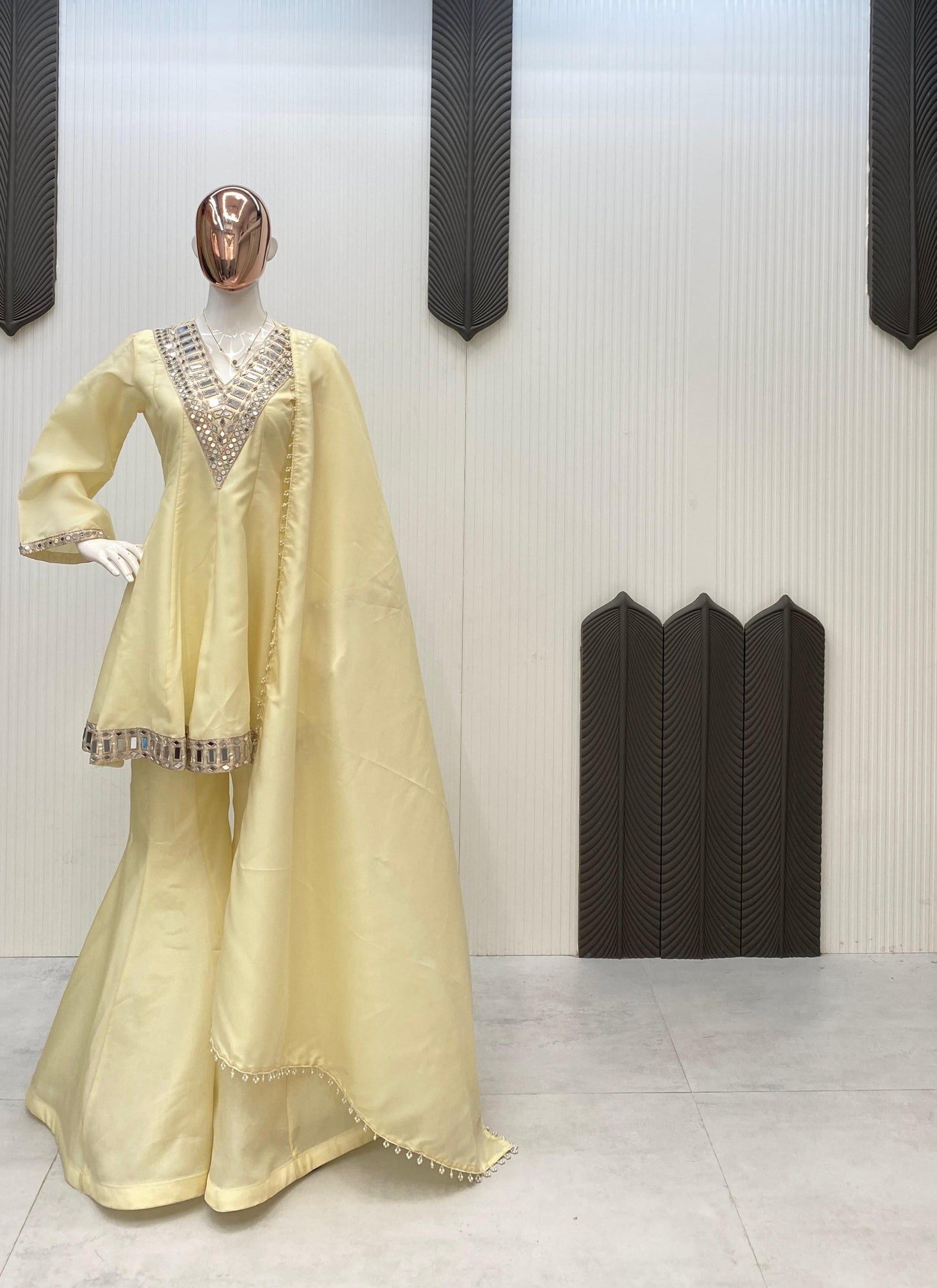 Cosmos Top Palazzo Set With Real Mirror Work And Dupatta