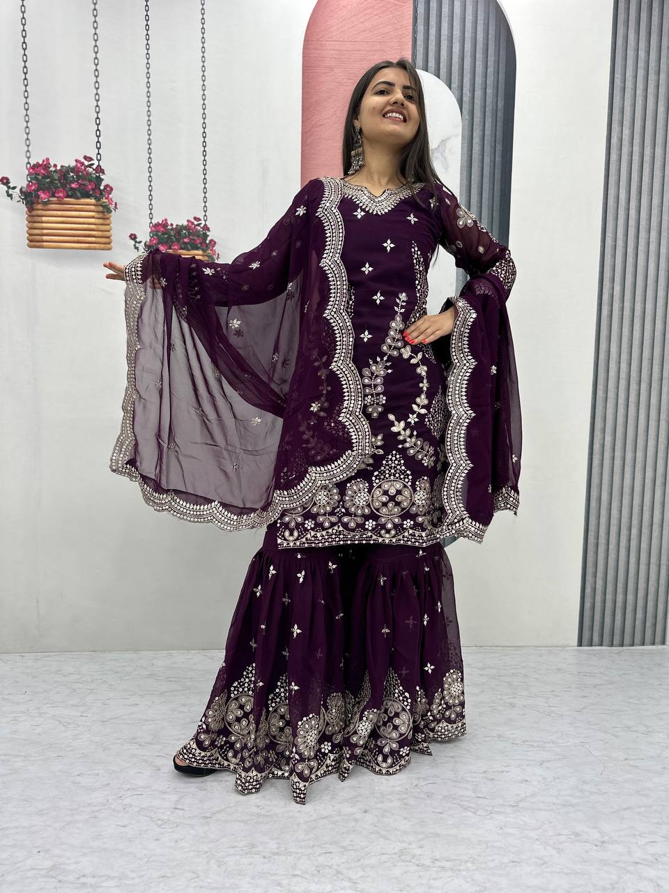 Pure Georgette Heavy  Embroidery, Thread & Sequins Detailing Sharara Set with Dupatta
