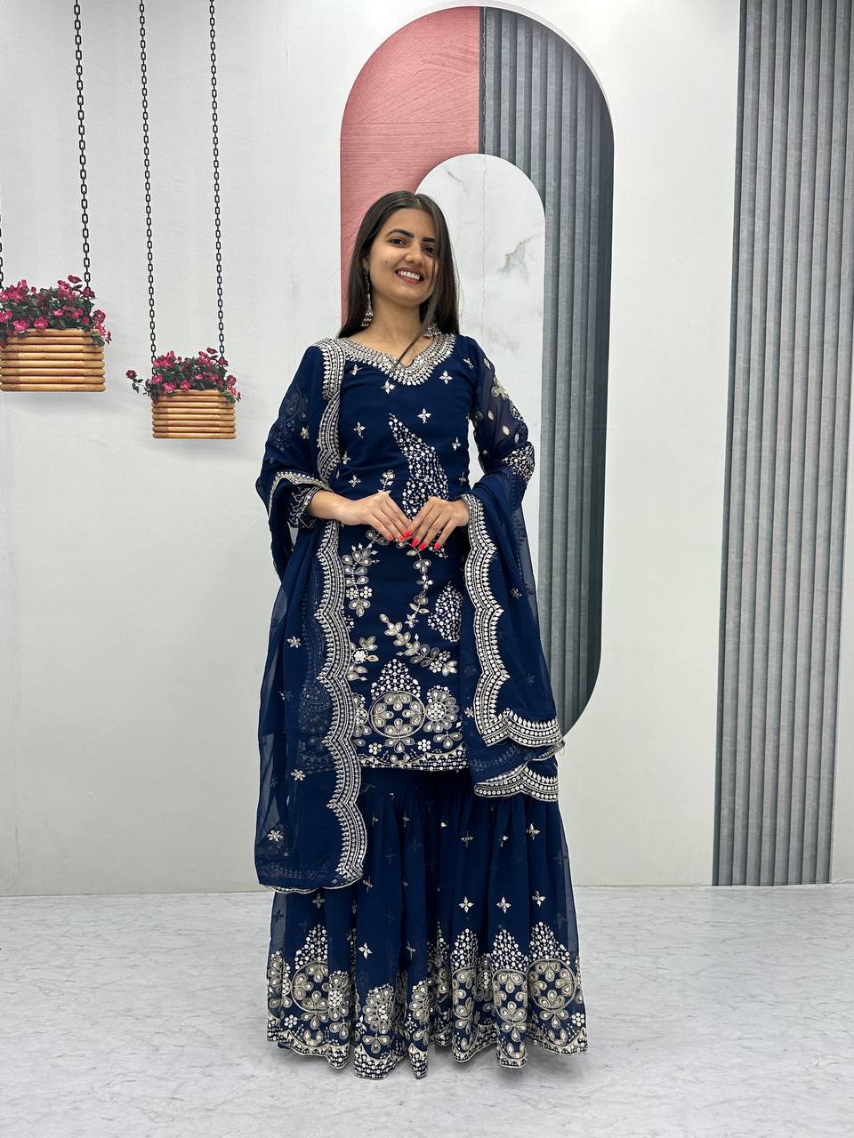 Pure Georgette Heavy  Embroidery, Thread & Sequins Detailing Sharara Set with Dupatta