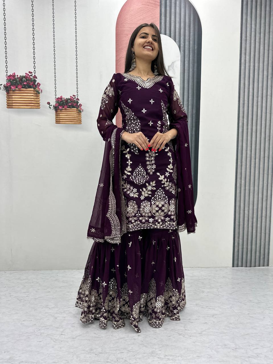 Pure Georgette Heavy  Embroidery, Thread & Sequins Detailing Sharara Set with Dupatta