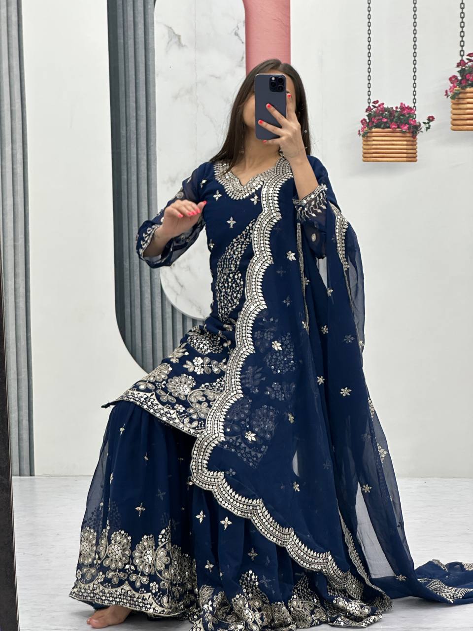 Pure Georgette Heavy  Embroidery, Thread & Sequins Detailing Sharara Set with Dupatta