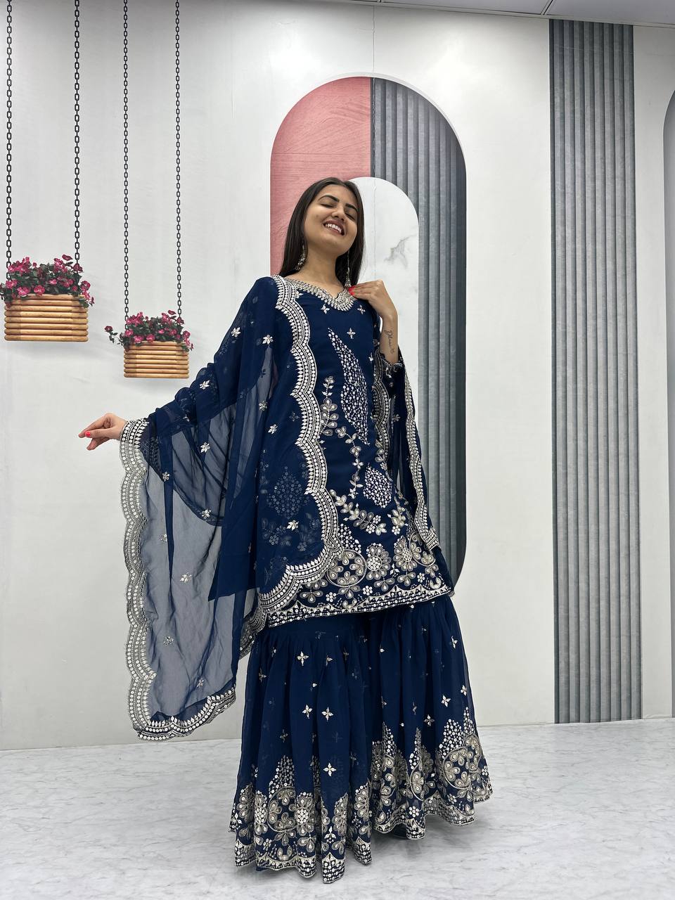 Pure Georgette Heavy  Embroidery, Thread & Sequins Detailing Sharara Set with Dupatta
