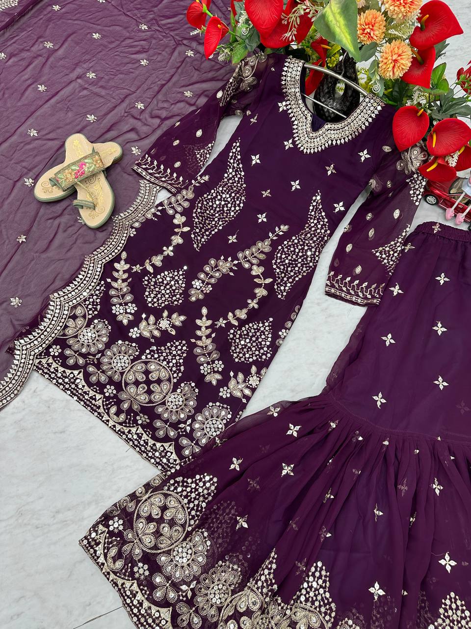 Pure Georgette Heavy  Embroidery, Thread & Sequins Detailing Sharara Set with Dupatta