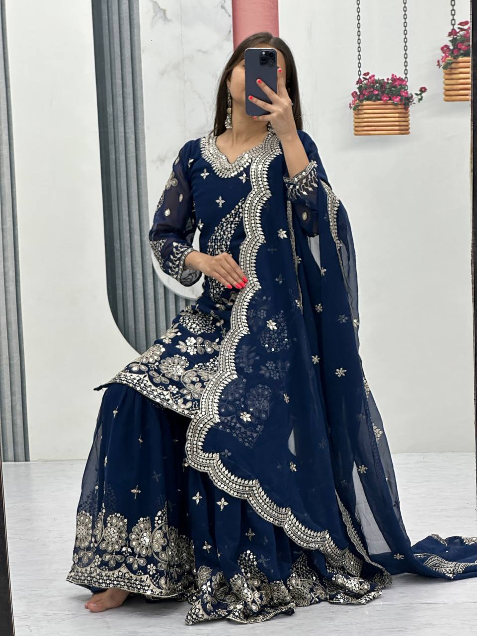 Pure Georgette Heavy  Embroidery, Thread & Sequins Detailing Sharara Set with Dupatta