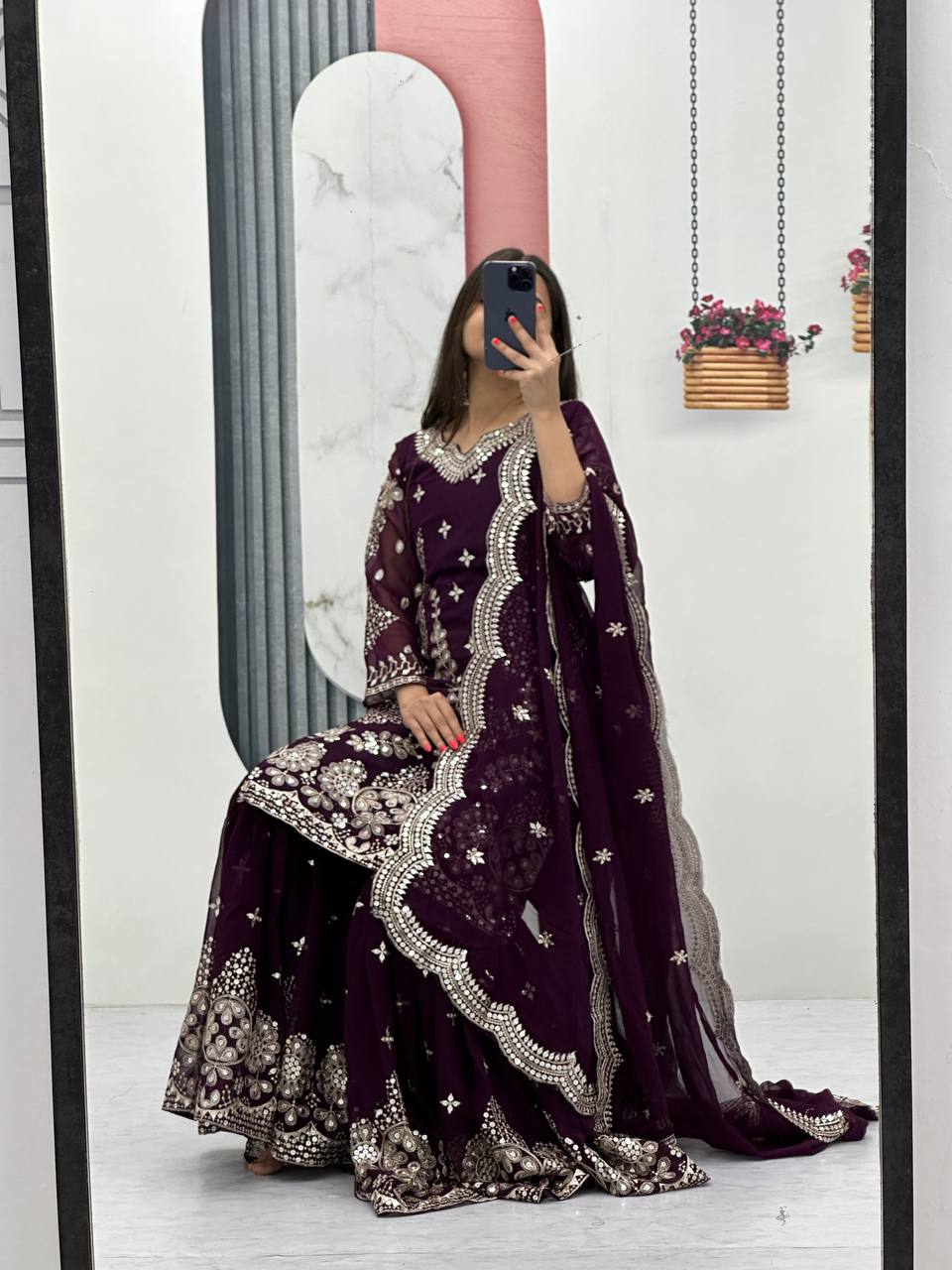 Pure Georgette Heavy  Embroidery, Thread & Sequins Detailing Sharara Set with Dupatta