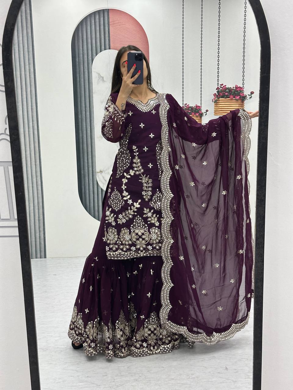 Pure Georgette Heavy  Embroidery, Thread & Sequins Detailing Sharara Set with Dupatta