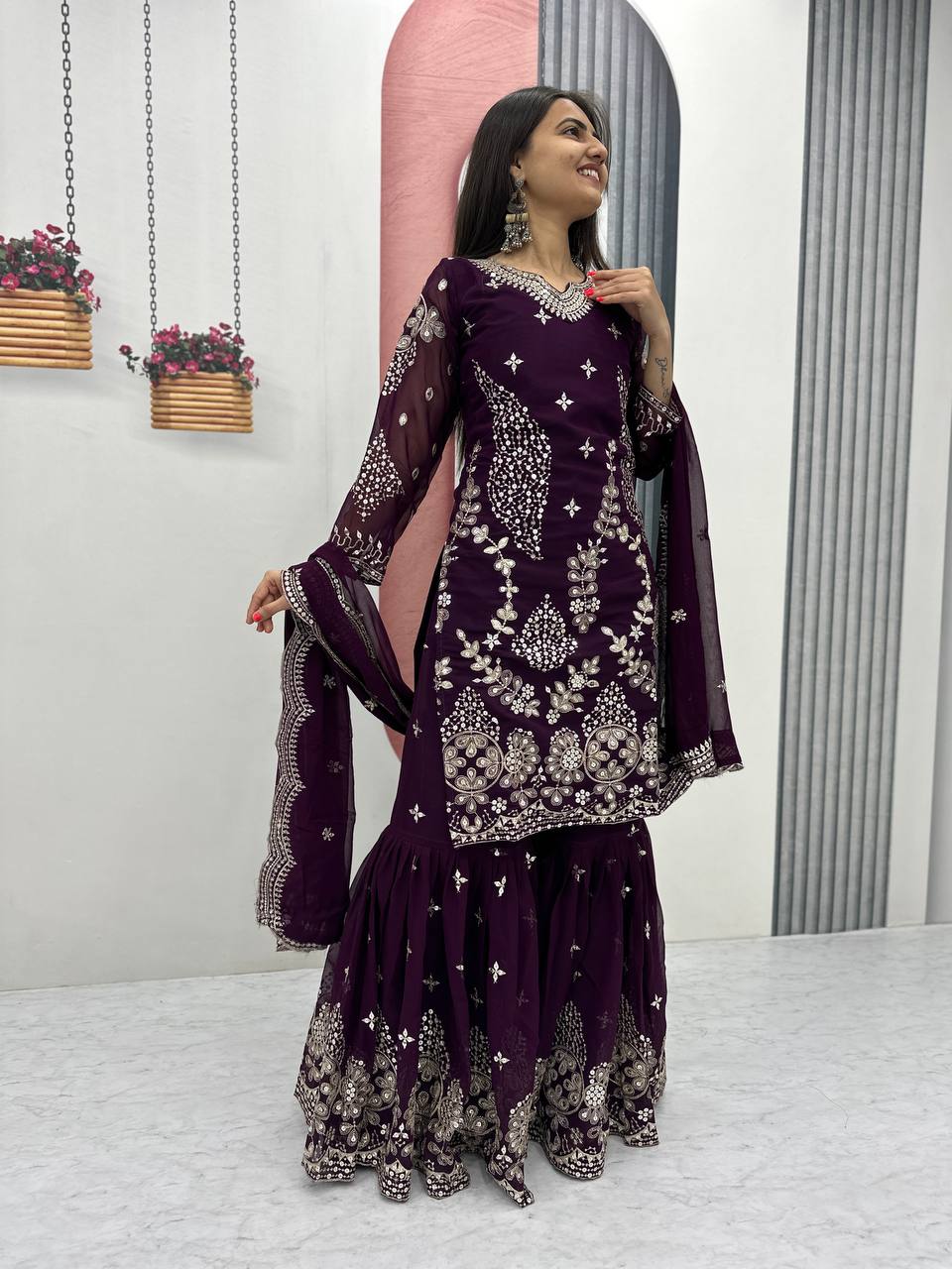 Pure Georgette Heavy  Embroidery, Thread & Sequins Detailing Sharara Set with Dupatta