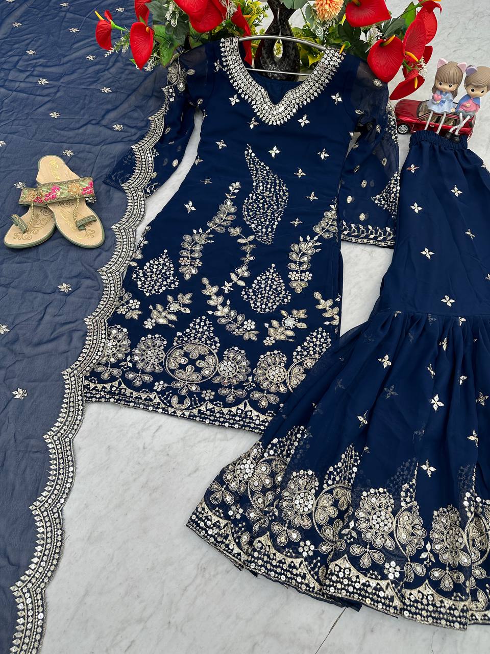 Pure Georgette Heavy  Embroidery, Thread & Sequins Detailing Sharara Set with Dupatta