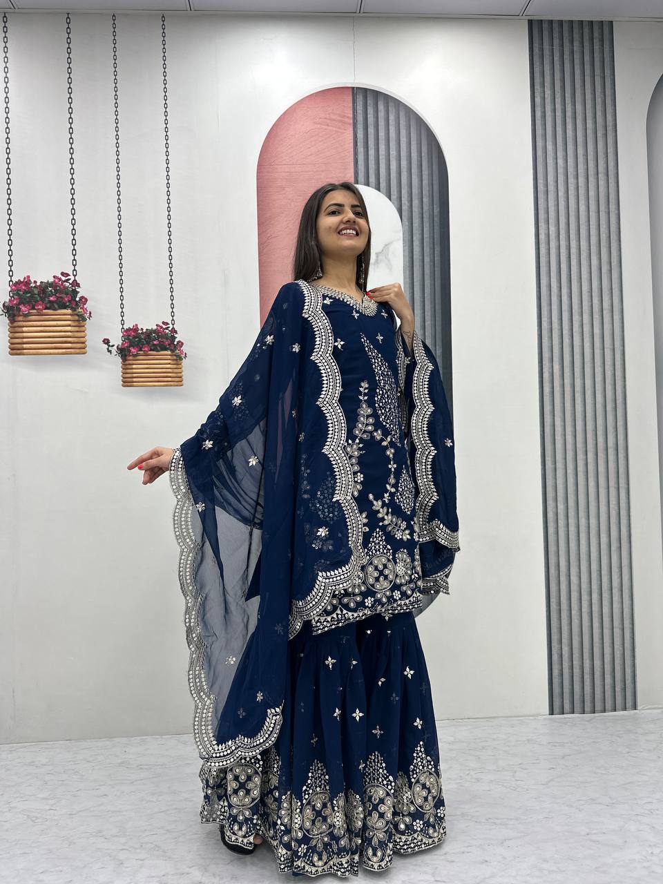 Pure Georgette Heavy  Embroidery, Thread & Sequins Detailing Sharara Set with Dupatta