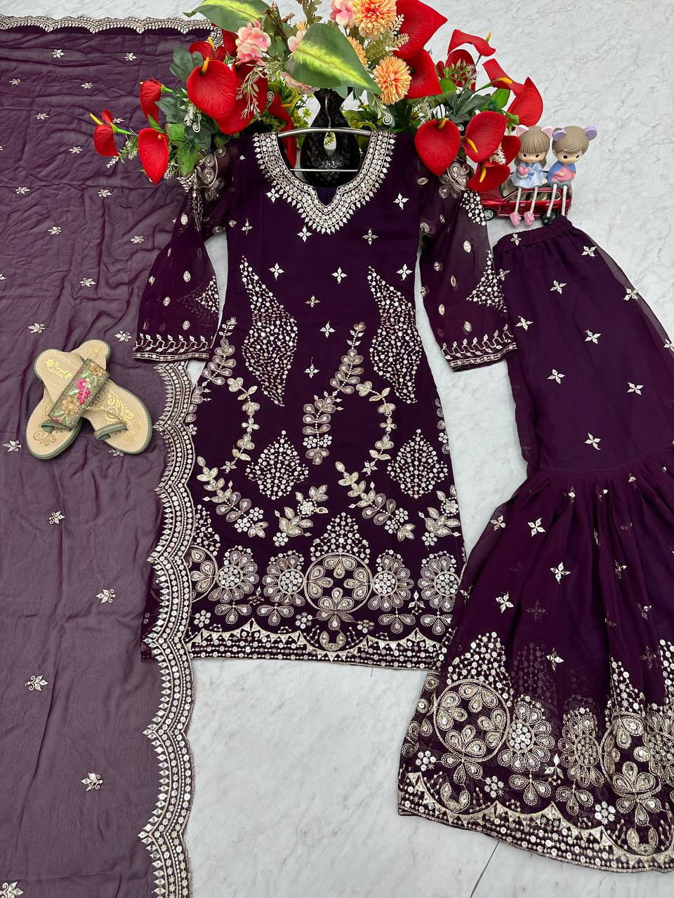 Pure Georgette Heavy  Embroidery, Thread & Sequins Detailing Sharara Set with Dupatta