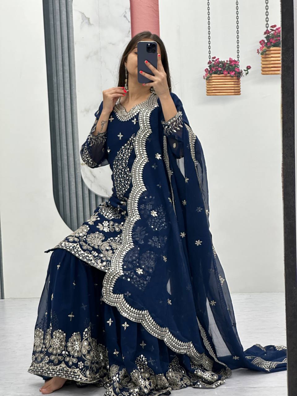 Pure Georgette Heavy  Embroidery, Thread & Sequins Detailing Sharara Set with Dupatta