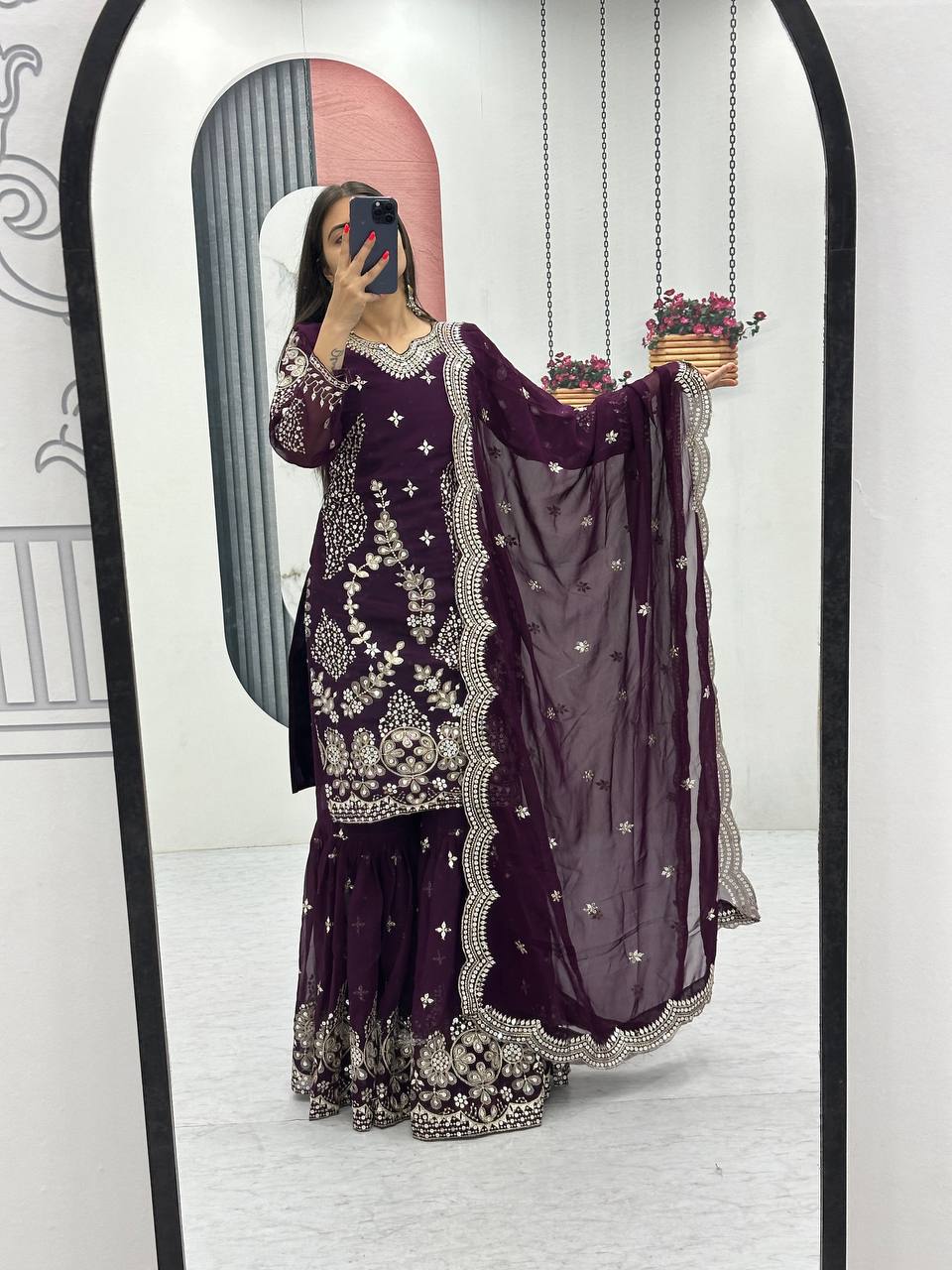 Pure Georgette Heavy  Embroidery, Thread & Sequins Detailing Sharara Set with Dupatta