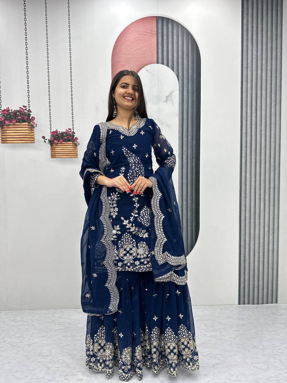 Pure Georgette Heavy  Embroidery, Thread & Sequins Detailing Sharara Set with Dupatta