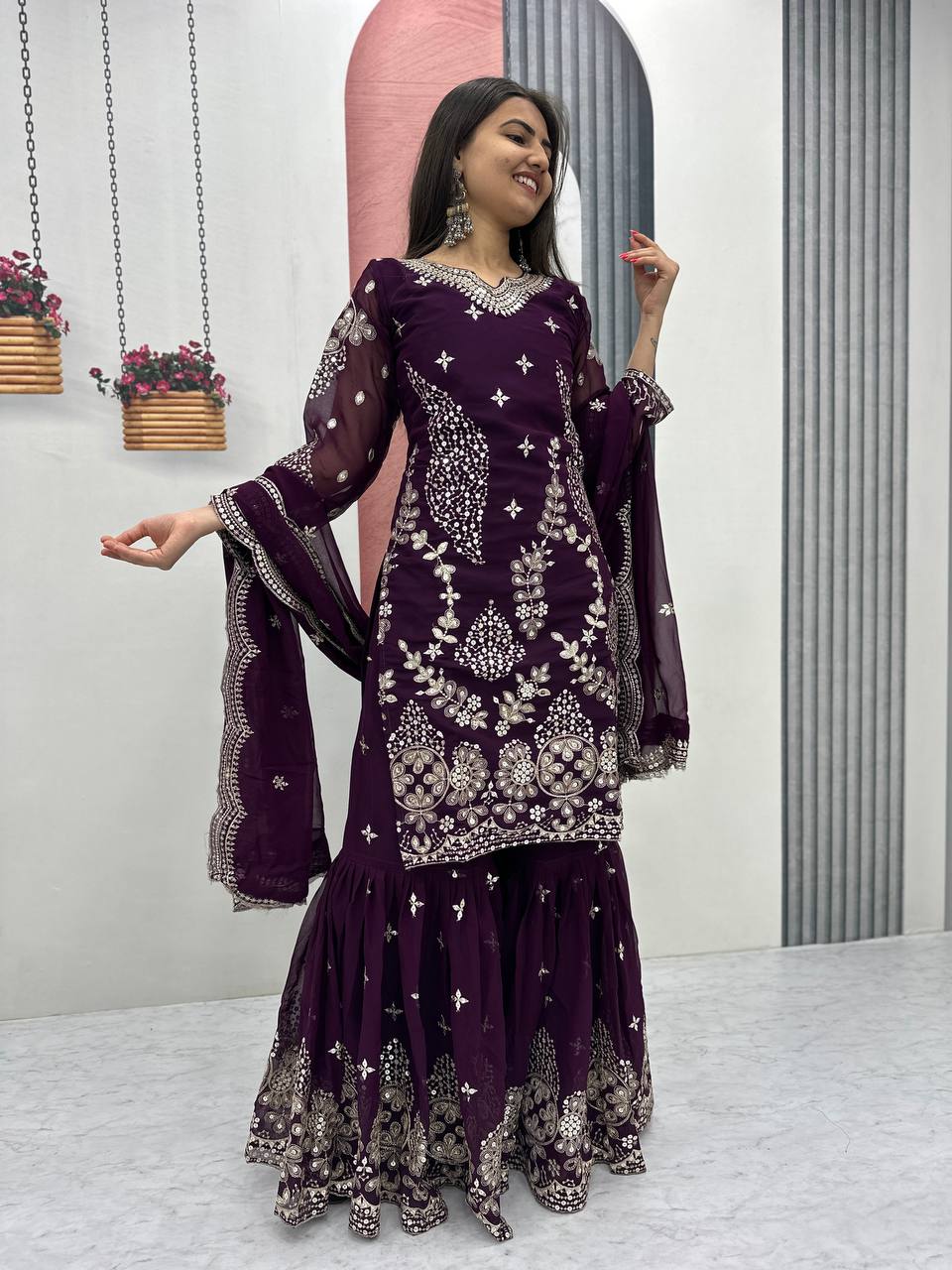 Pure Georgette Heavy  Embroidery, Thread & Sequins Detailing Sharara Set with Dupatta