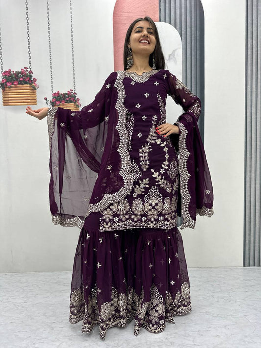 Pure Georgette Heavy  Embroidery, Thread & Sequins Detailing Sharara Set with Dupatta