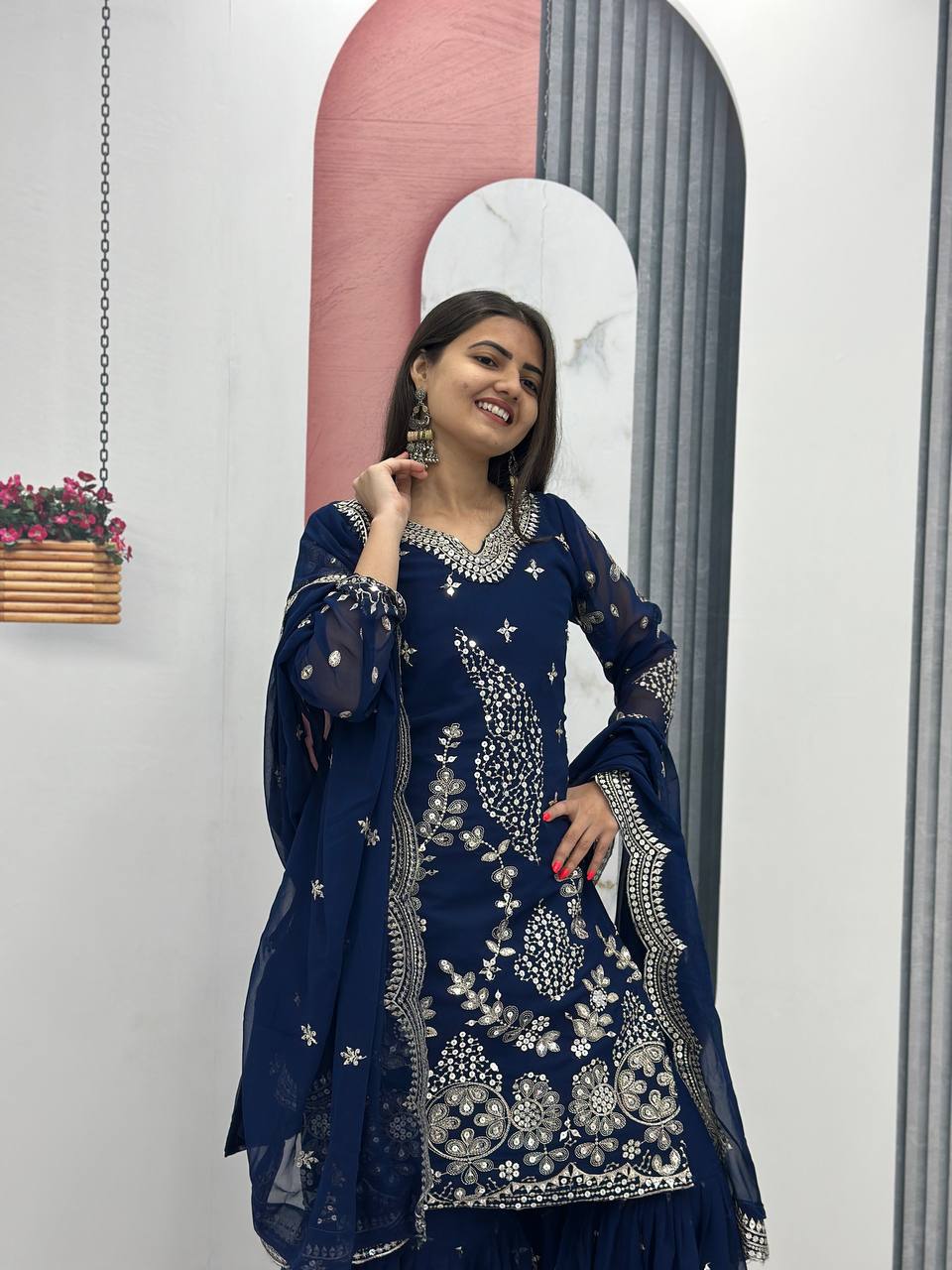 Pure Georgette Heavy  Embroidery, Thread & Sequins Detailing Sharara Set with Dupatta