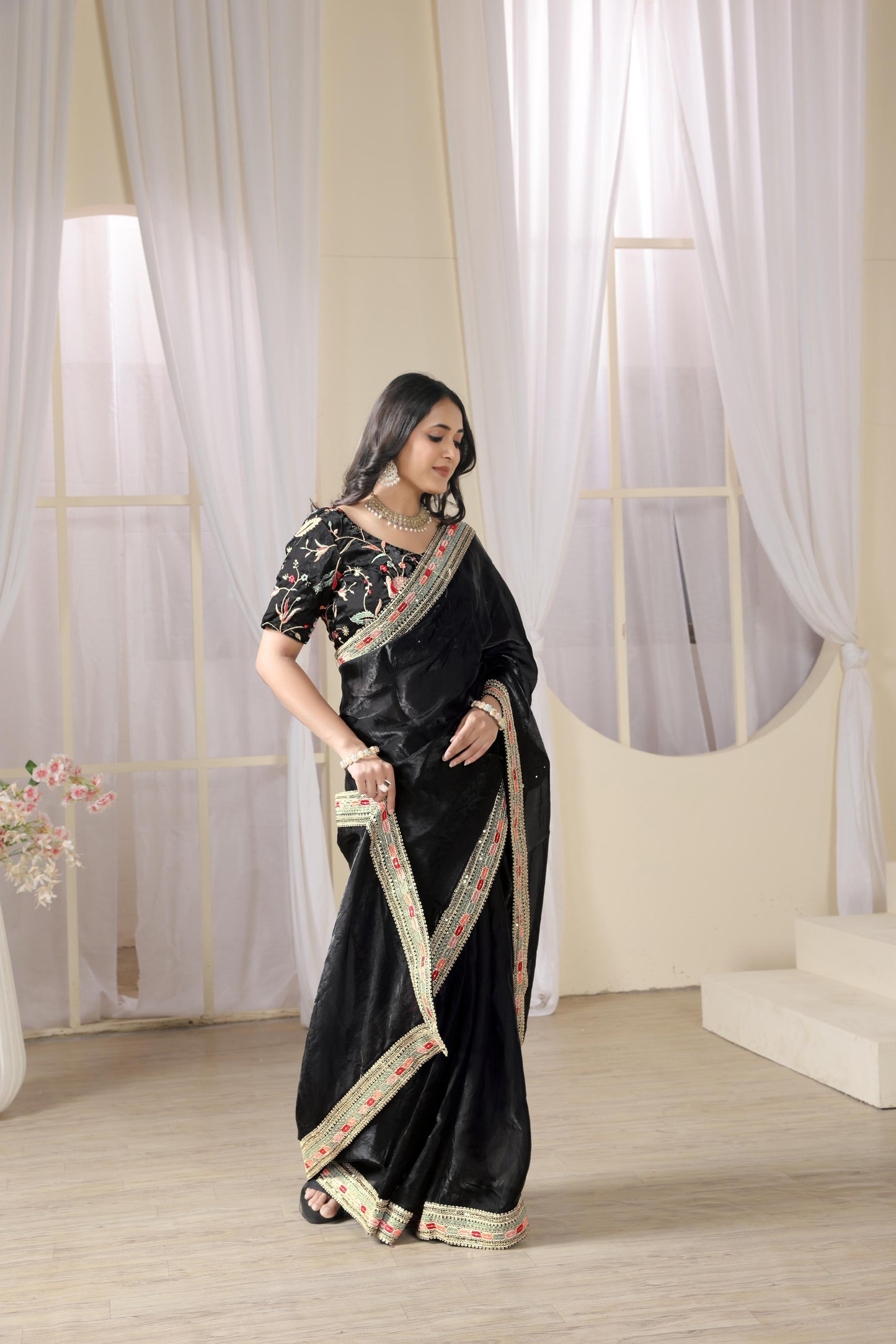 Pure Space Silk Saree with Sequins and Embroidery Work