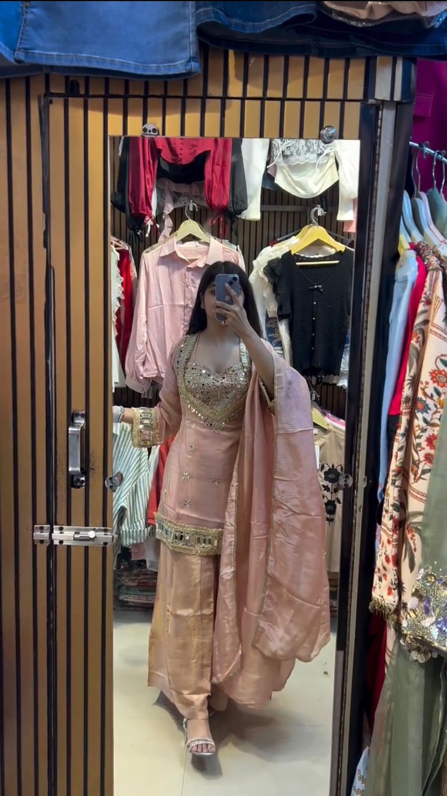 Cosmos  Real Mirror With Embroidery, Flared Palazzo & Dupatta
