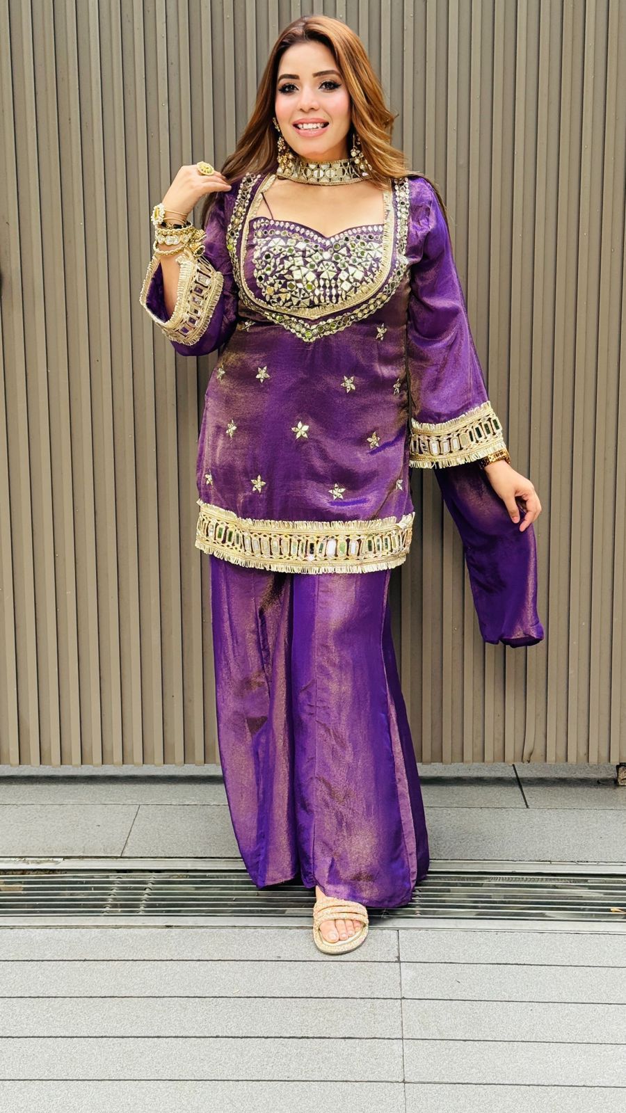 Cosmos  Real Mirror With Embroidery, Flared Palazzo & Dupatta