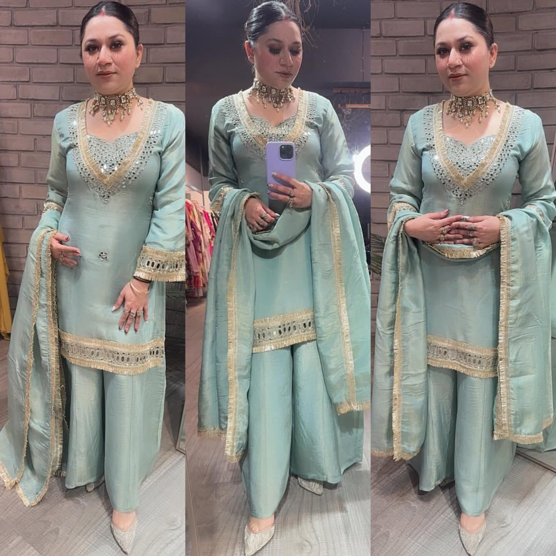 Cosmos  Real Mirror With Embroidery, Flared Palazzo & Dupatta