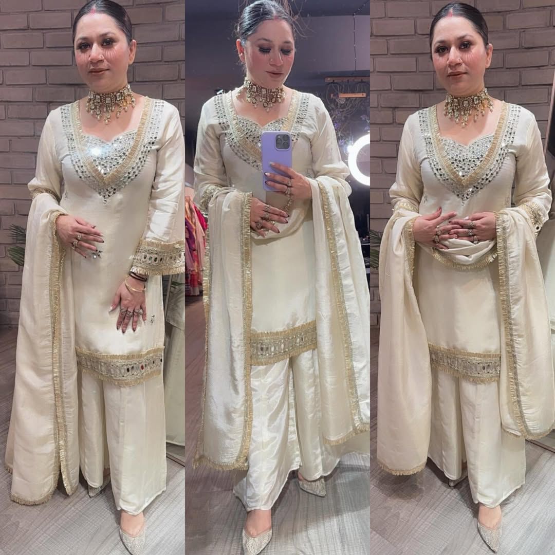 Cosmos  Real Mirror With Embroidery, Flared Palazzo & Dupatta
