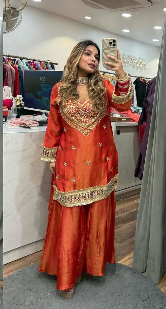 Cosmos  Real Mirror With Embroidery, Flared Palazzo & Dupatta