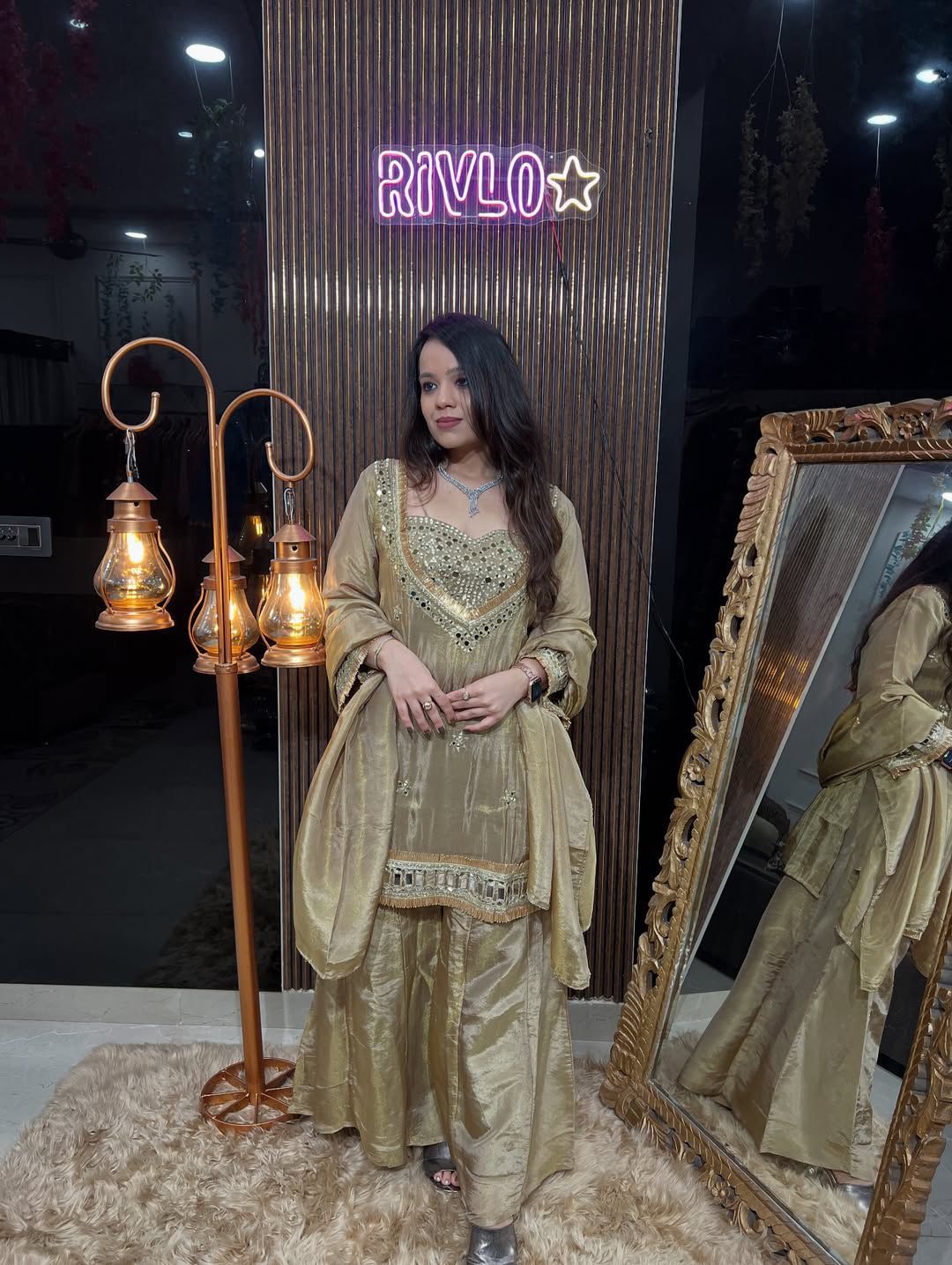 Cosmos  Real Mirror With Embroidery, Flared Palazzo & Dupatta