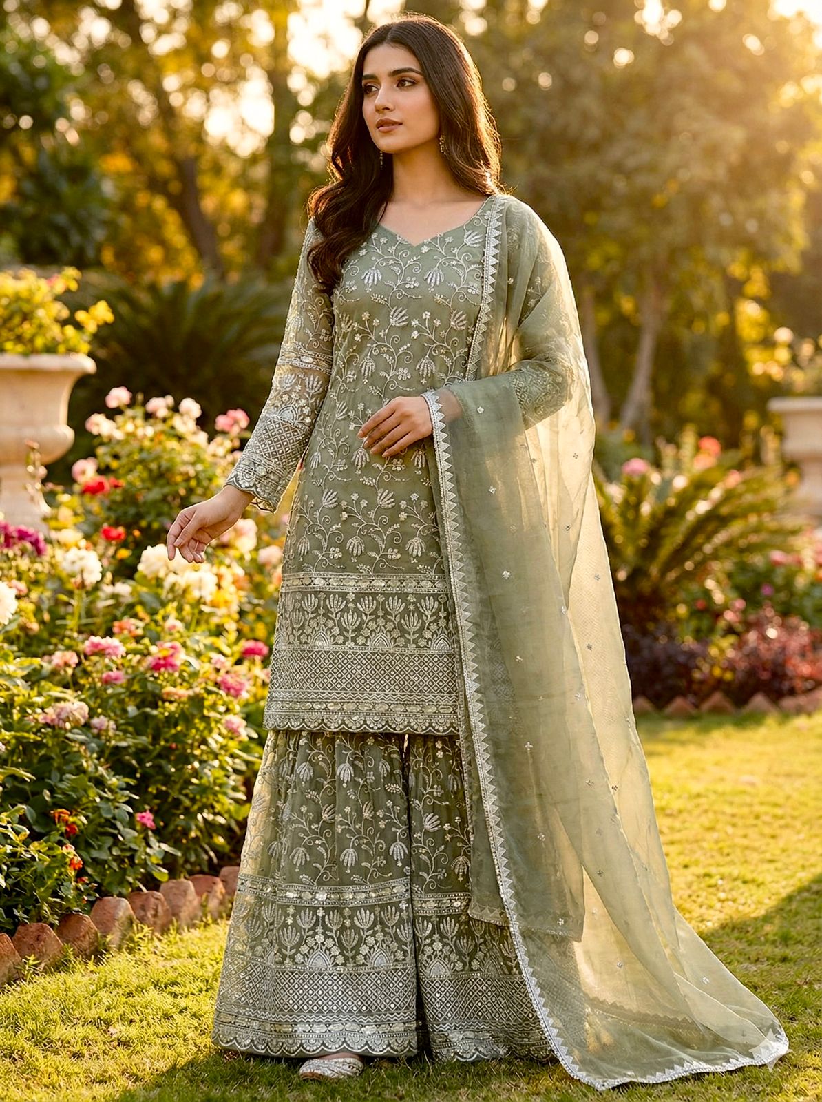 Orange Silk With Heavy Embroidery & Sequence Work Sharara Suit