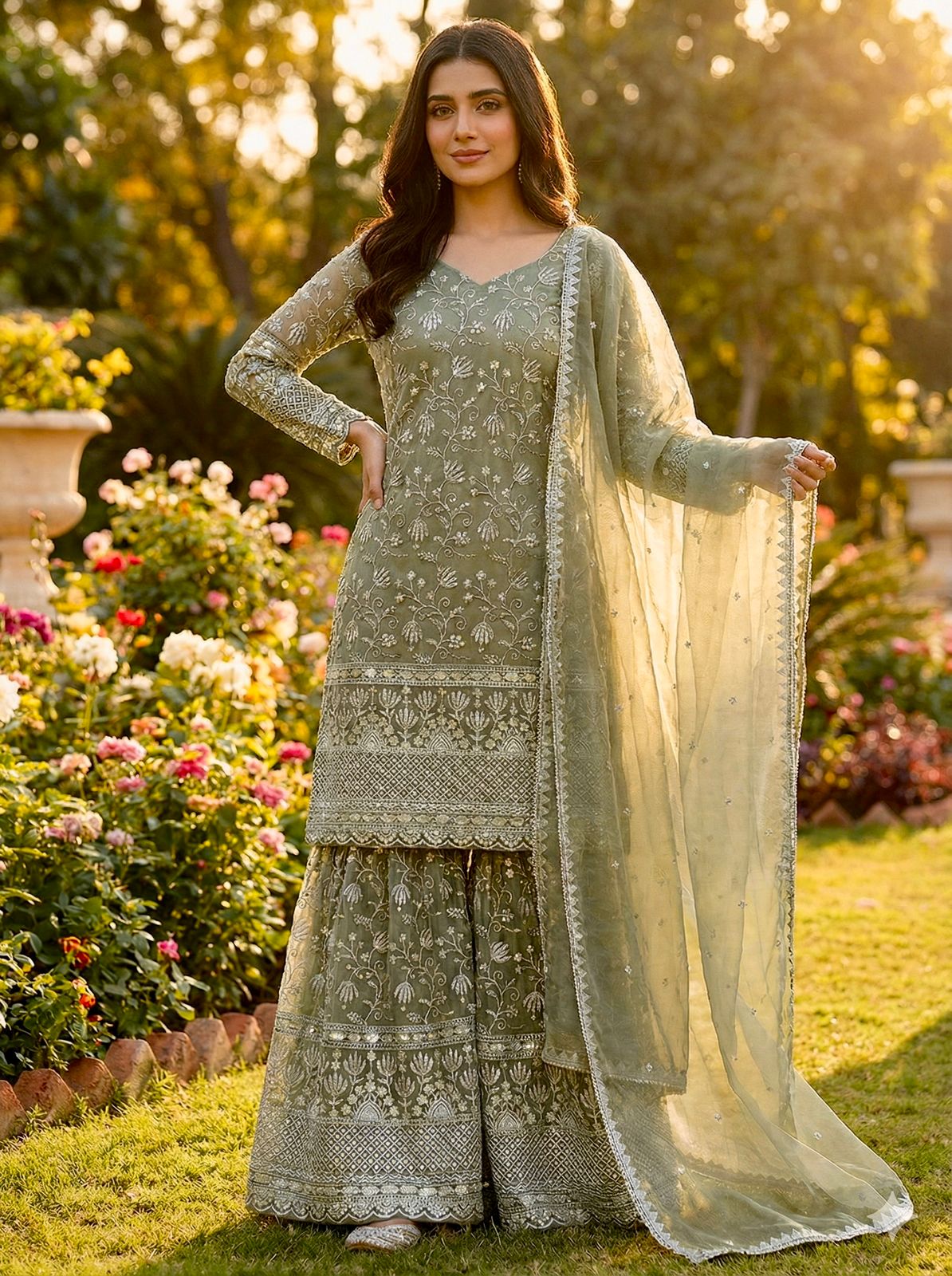 Orange Silk With Heavy Embroidery & Sequence Work Sharara Suit