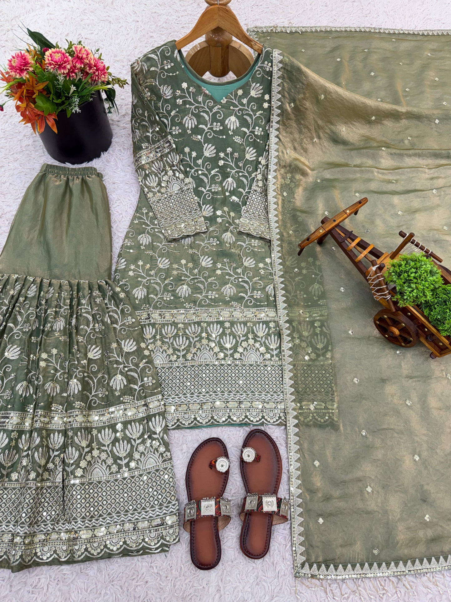 Orange Silk With Heavy Embroidery & Sequence Work Sharara Suit