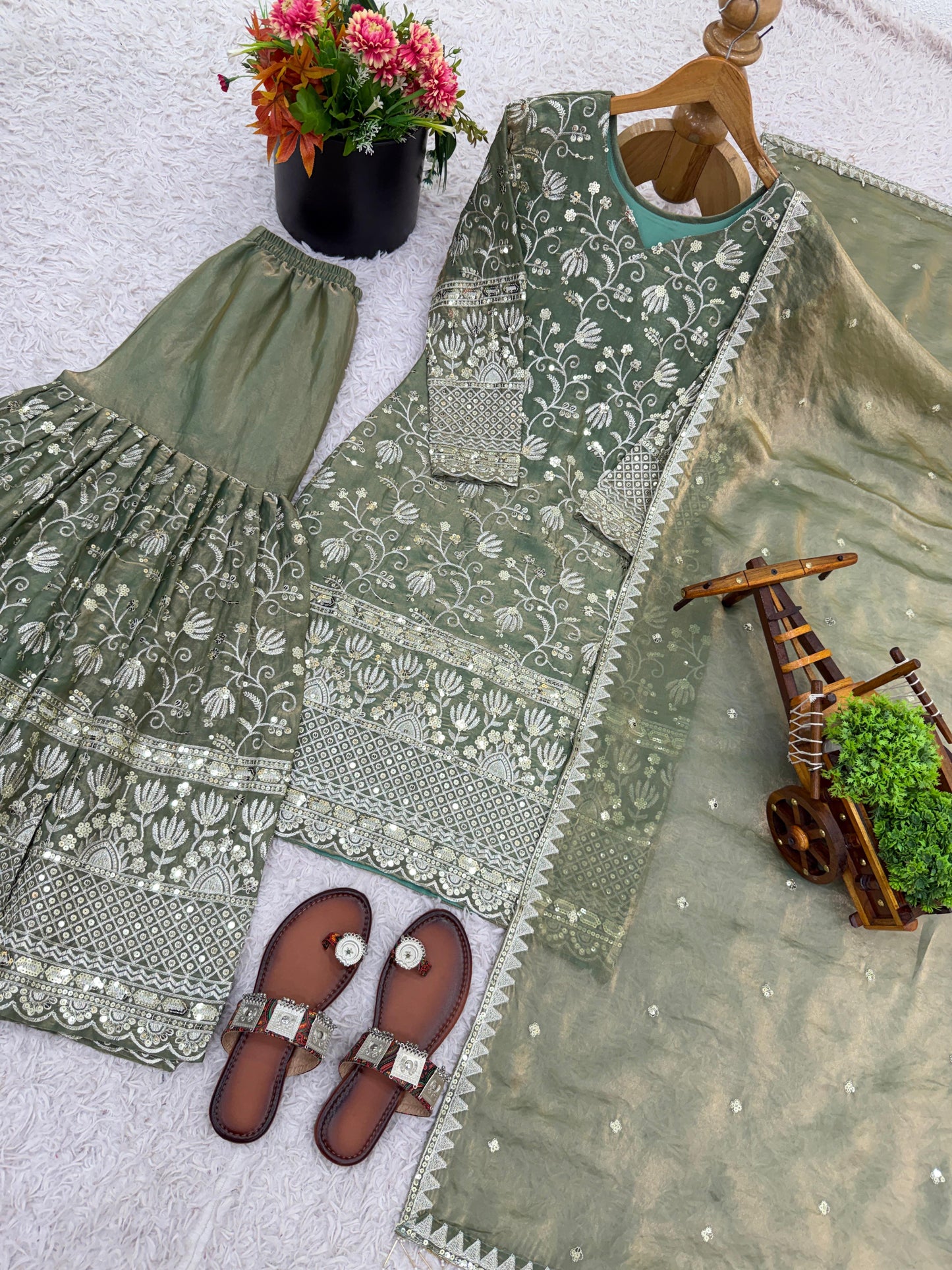 Orange Silk With Heavy Embroidery & Sequence Work Sharara Suit