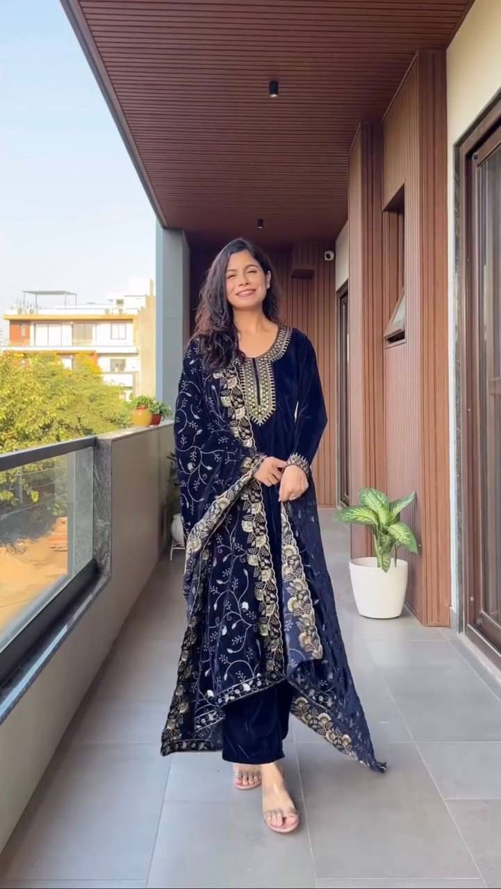 velvet cording sequence embroidery work party wear suit
