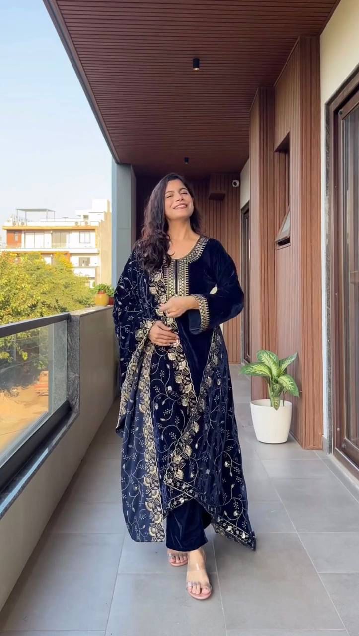 velvet cording sequence embroidery work party wear suit