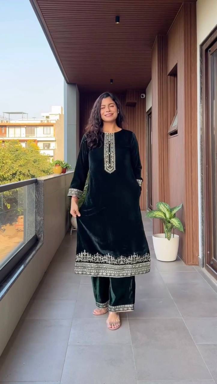 velvet cording sequence embroidery work party wear suit