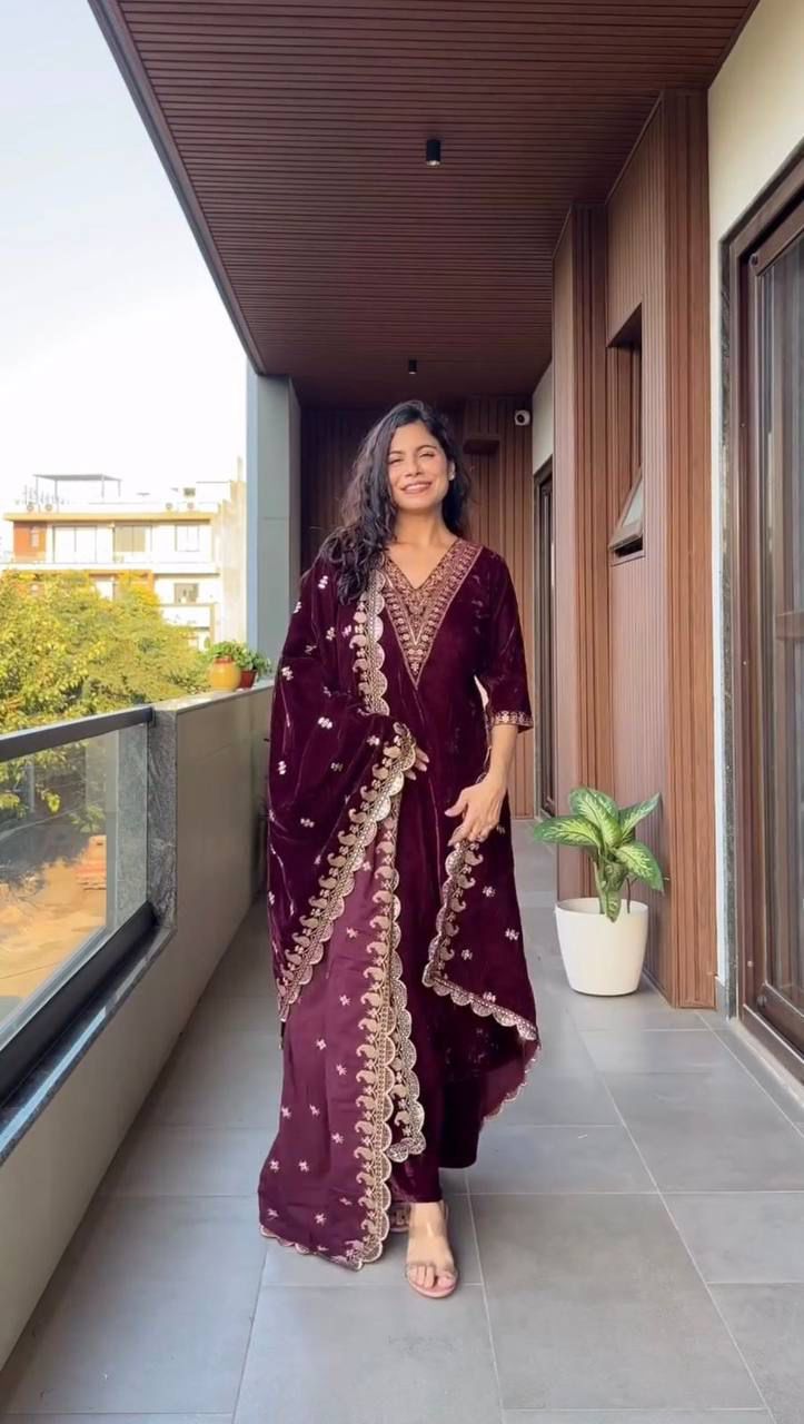 velvet cording sequence embroidery work party wear suit