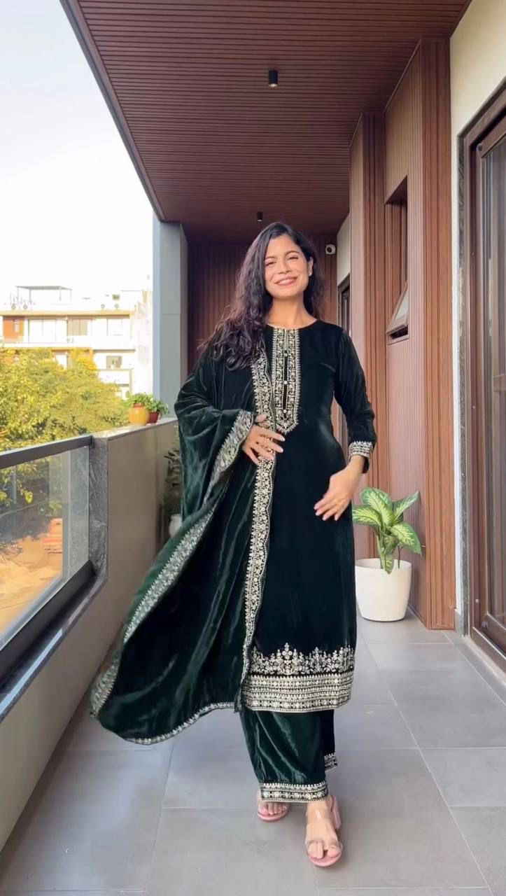 velvet cording sequence embroidery work party wear suit