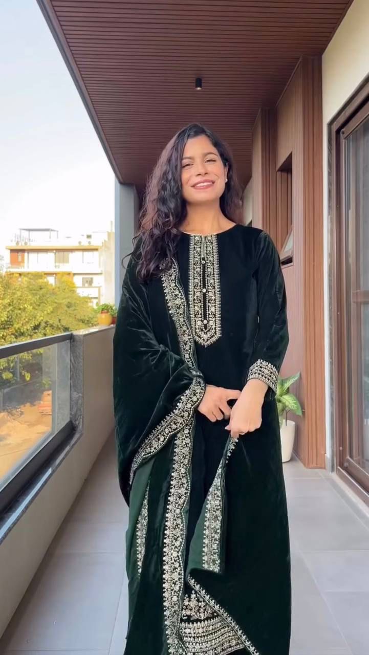 velvet cording sequence embroidery work party wear suit