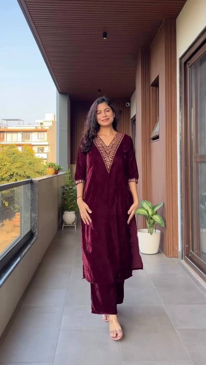 velvet cording sequence embroidery work party wear suit