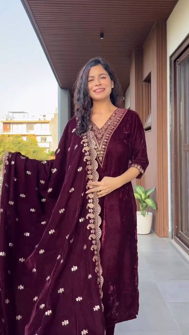velvet cording sequence embroidery work party wear suit