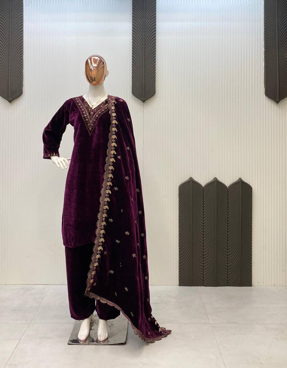 velvet cording sequence embroidery work party wear suit