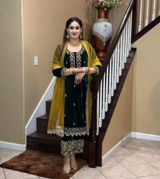 Velvet Suit Set with Embroidered Sequence Work